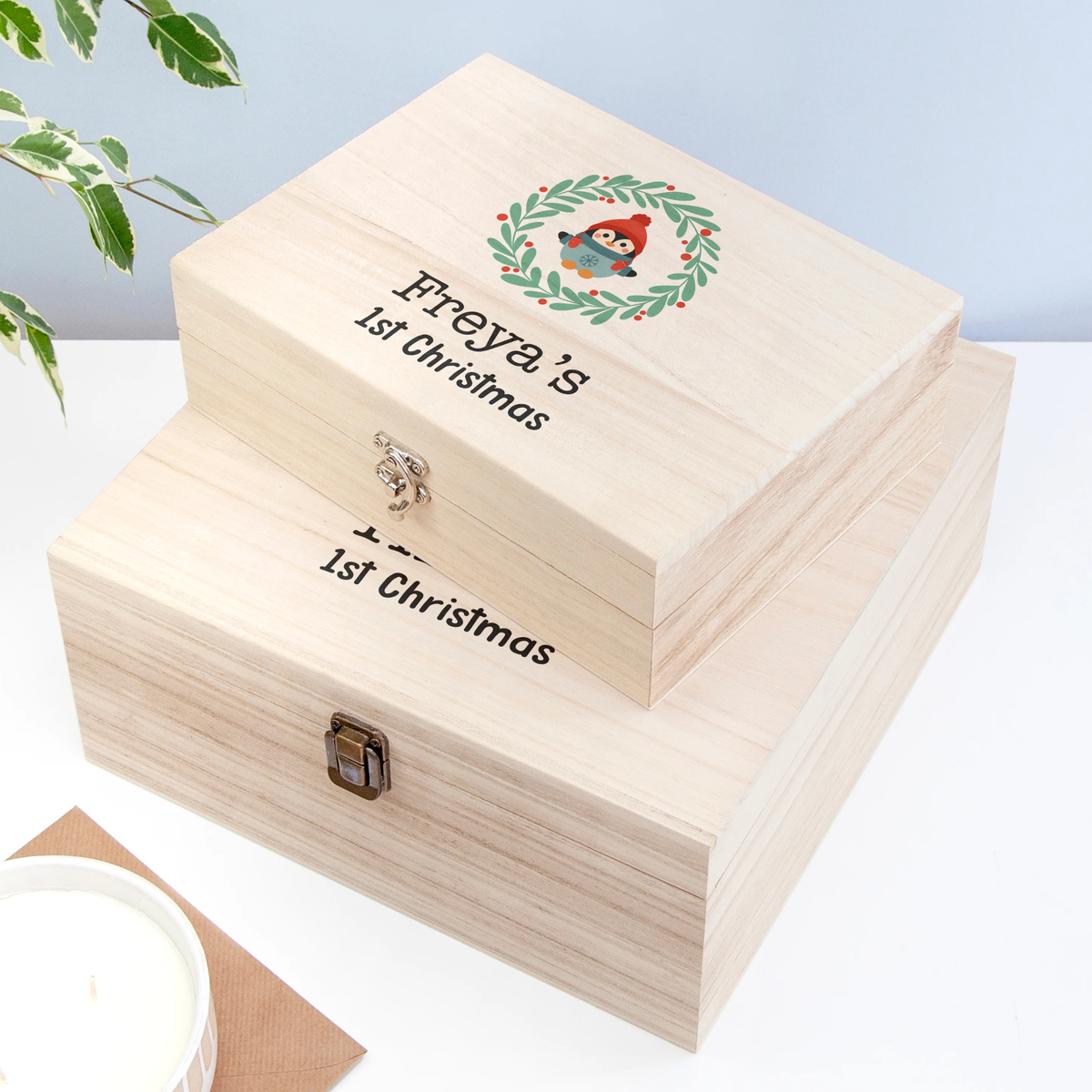 Personalised Penguin Wreath Baby's First Christmas Eve Box