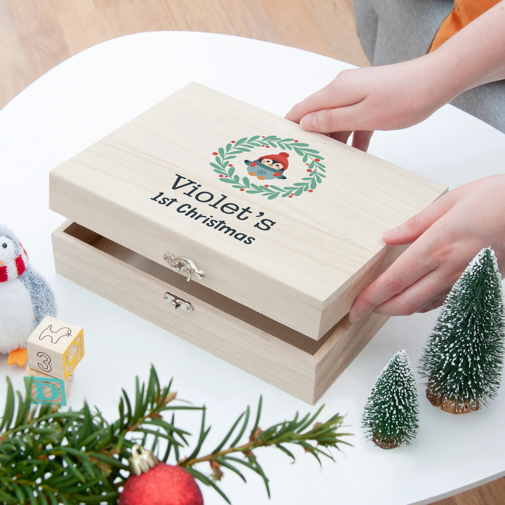 Personalised Penguin Wreath Baby's First Christmas Eve Box