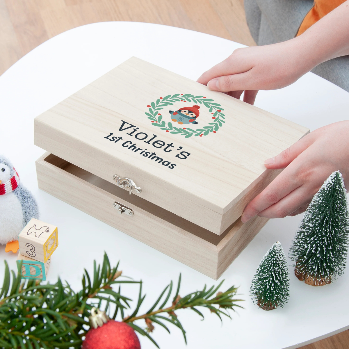 Personalised Penguin Wreath Baby's First Christmas Eve Box