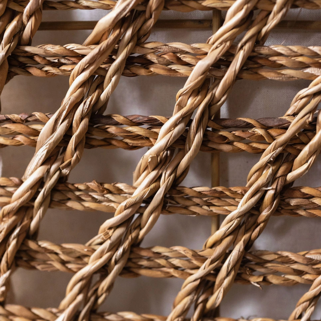 Close-up of a woven natural fiber mat with braided tan and brown strands forming a textured geometric pattern.