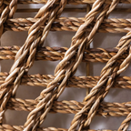 Close-up of a woven natural fiber mat with braided tan and brown strands forming a textured geometric pattern.