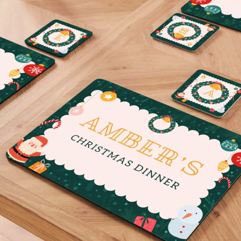 Personalised Christmas Wreath Placemat & Coaster Set