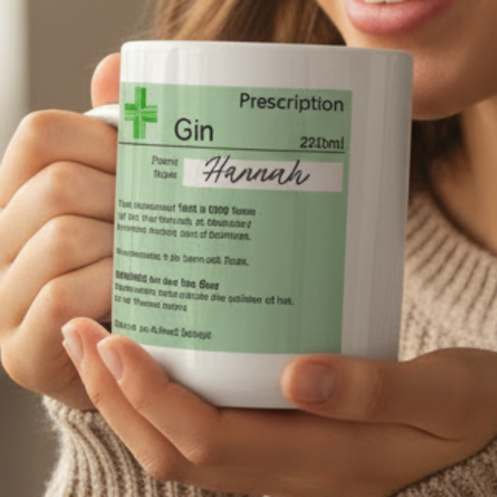 Mug with a prescription label for 'Gin' on a light green background