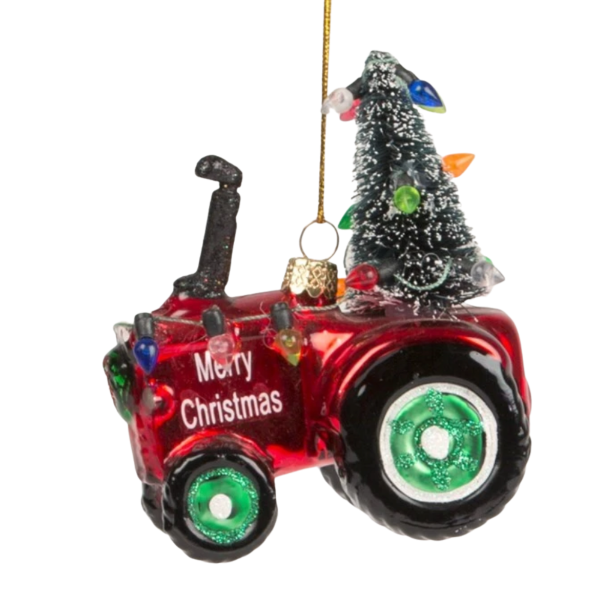 Red Tractor With Christmas Tree Glass Bauble