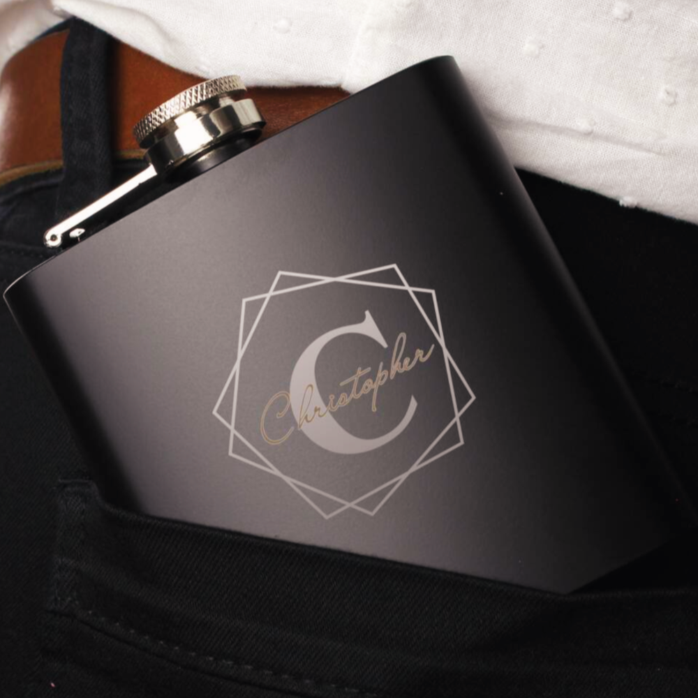 Personalised Geometric Initial Black Hip Flask