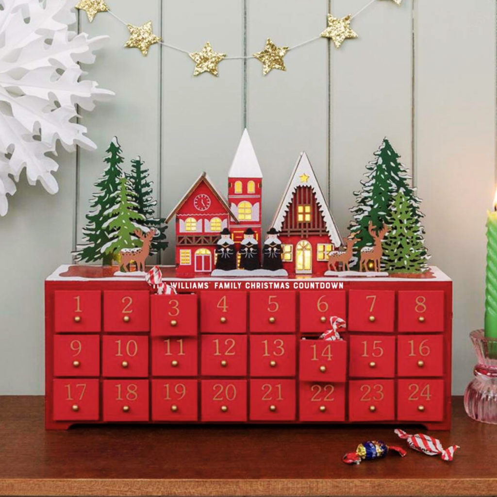 Personalised Red Wooden Advent Calendar With LED Lights