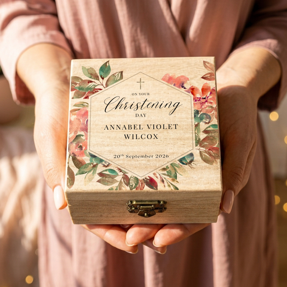 Personalised Floral Christening Keepsake Wooden Jewellery Box
