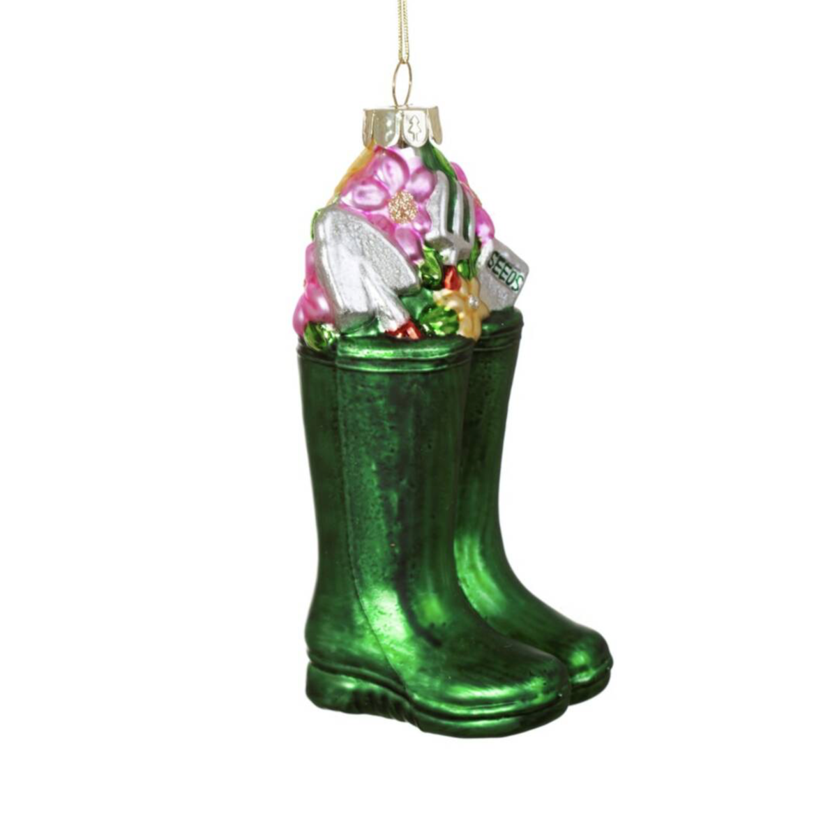 Green Wellington Boots Glass Christmas Bauble