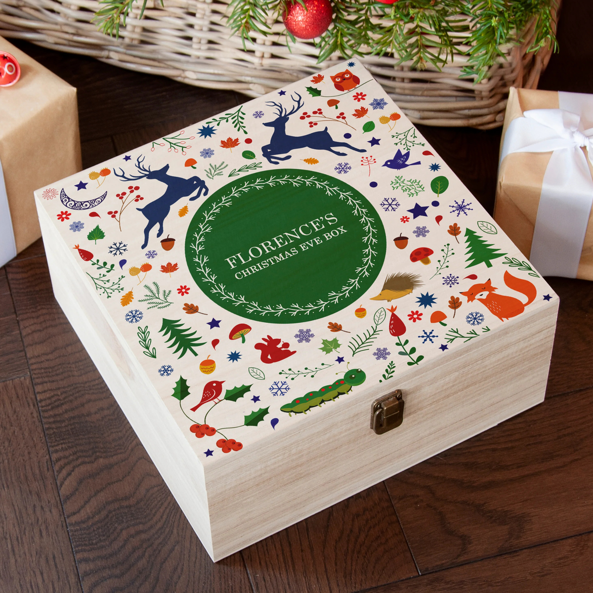 Personalised Festive Woodland Green Christmas Eve Box