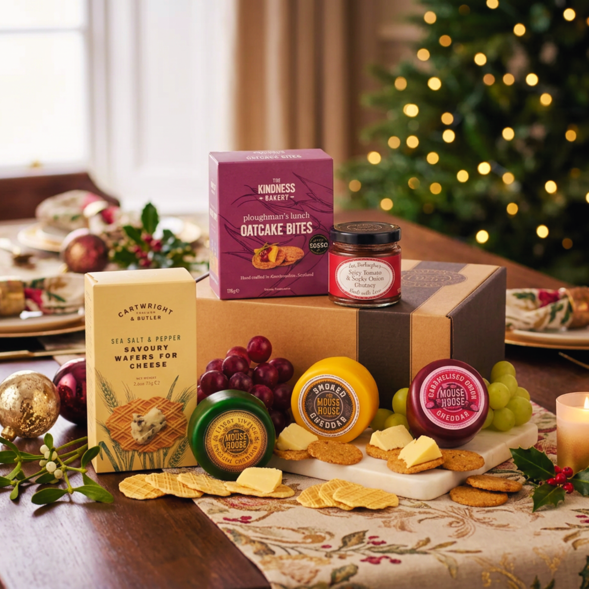 Three Cheese Gift Hamper Luxury Cheddar Biscuits & Chutney Gift Box