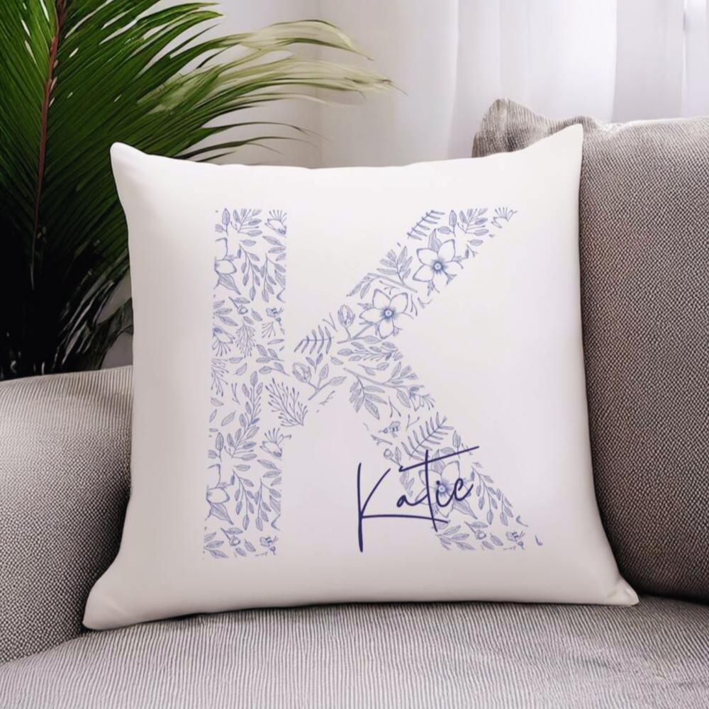 Personalised Floral Blue Initial Cushion