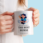Person holding a mug with a nurse illustration and text on a light blue background
