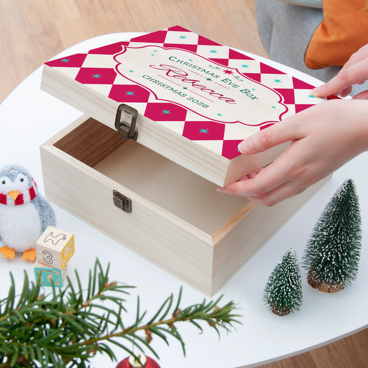 Personalised Harlequin Diamond Pattern Christmas Eve Box