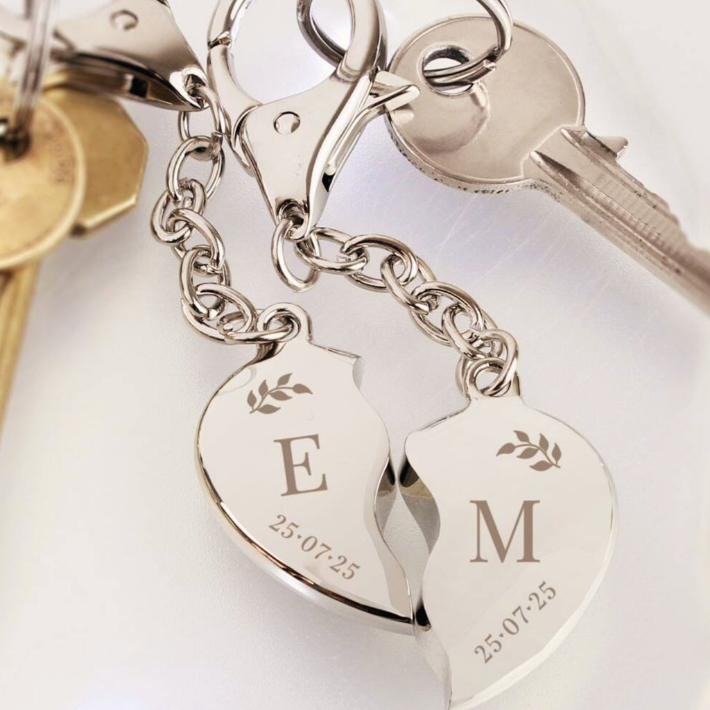 Personalised Foliage Two Hearts Keyring