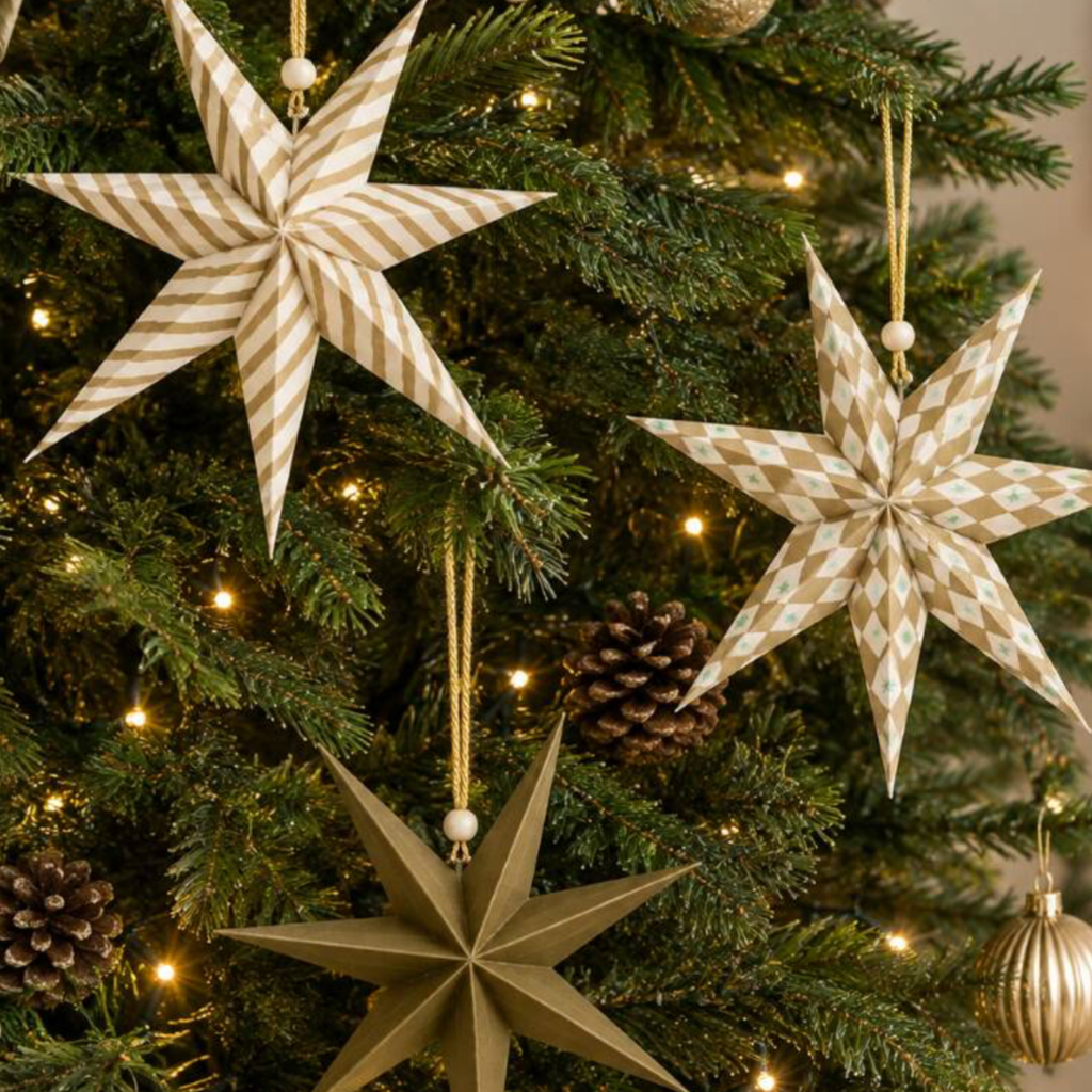 Set Of 3 Gilded Paper Star Christmas Decorations