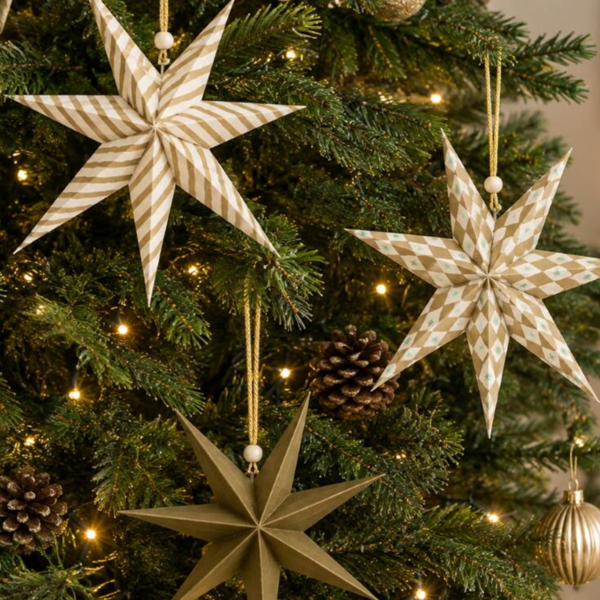 Set Of 3 Gilded Paper Star Christmas Decorations