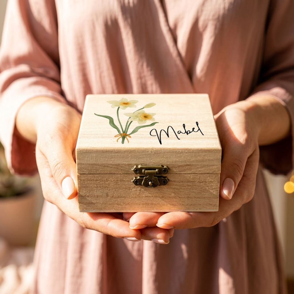 Personalised Birth Flower Wooden Jewellery Box