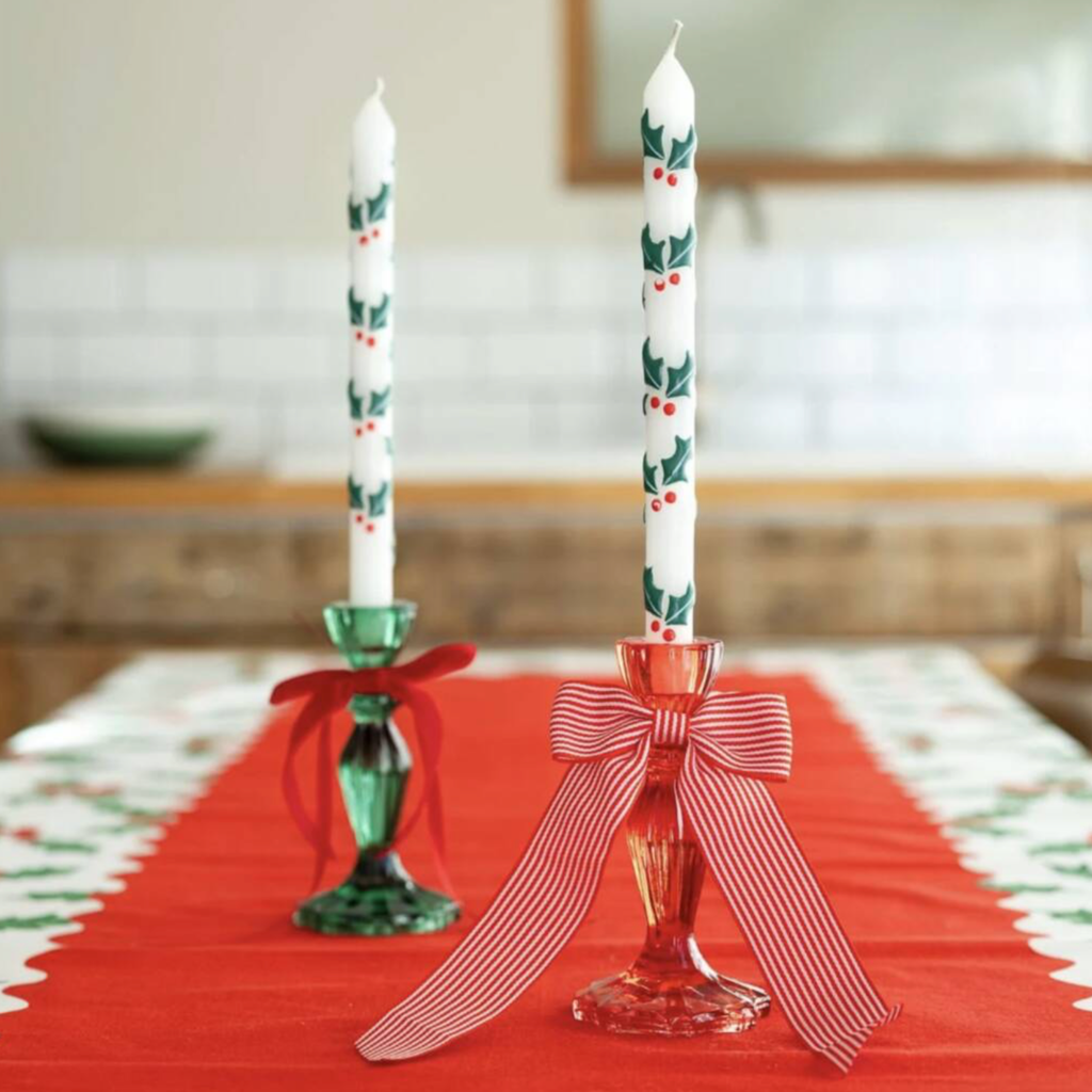 Holly Christmas Taper Dinner Candles