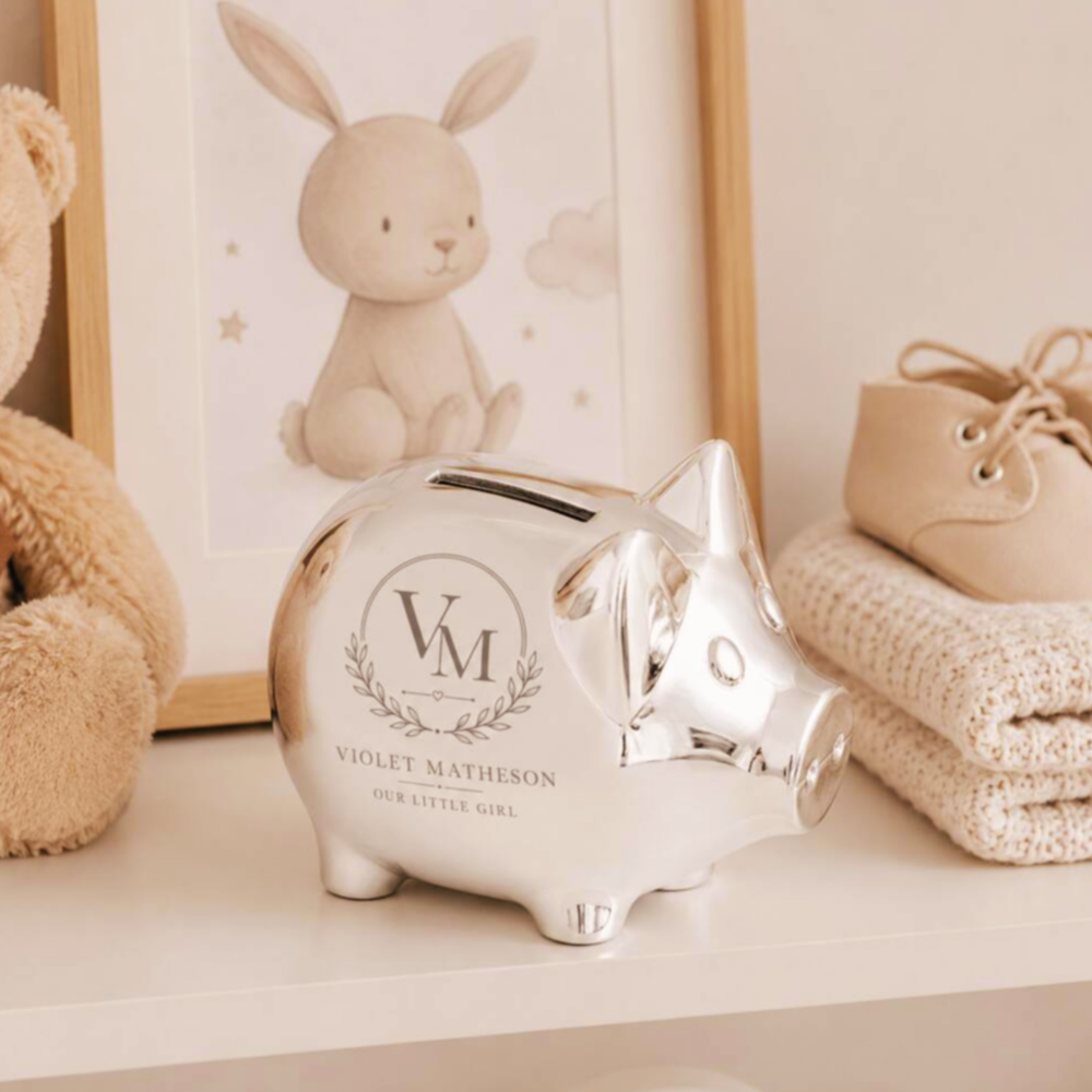 Personalised Monogram Silver Plated Piggy Bank