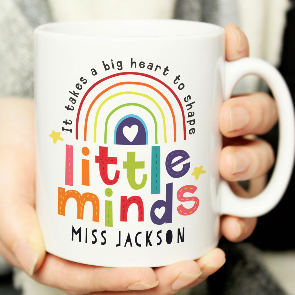 Three personalised Little Minds teacher mugs showing Charlotte name on front and Day Star Nursery Love Ellie XXX message on back