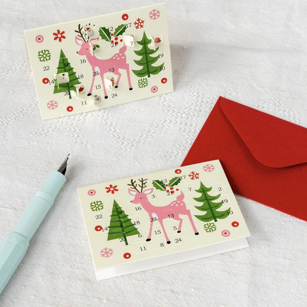 Set of five mini retro Advent Christmas cards with red envelopes