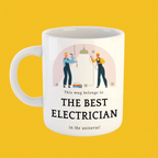 Mug with electrician design and text on a yellow background