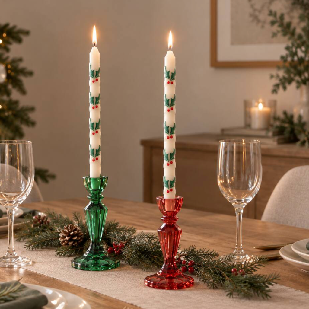Holly Christmas Taper Dinner Candles