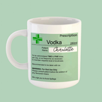 Mug with a 'Prescription' label for vodka on a light green background