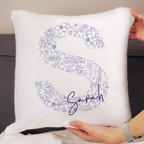Personalised Floral Blue Initial Cushion