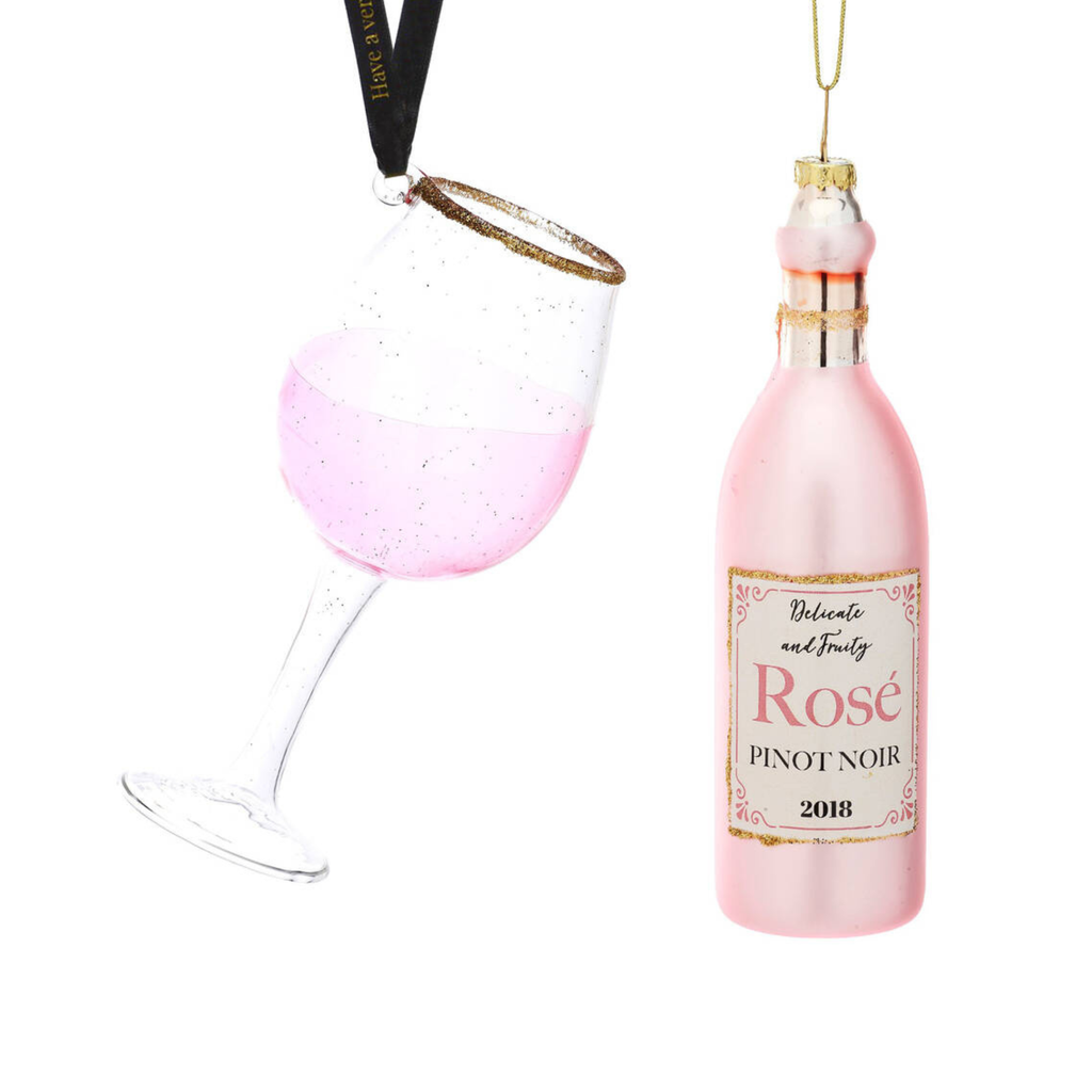 Wine Bottle and Wine Glass Christmas Bauble Set