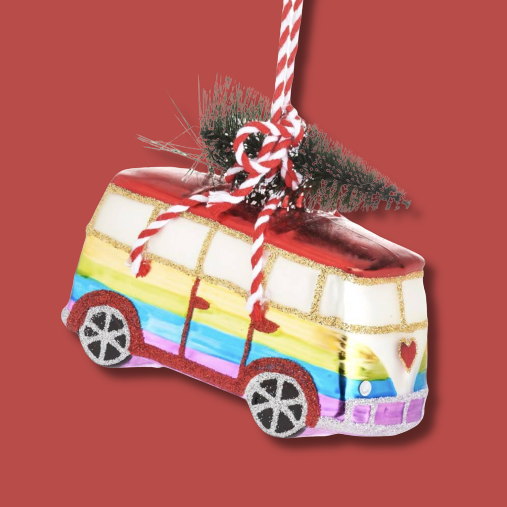 Rainbow Camper Van Glass Christmas Bauble