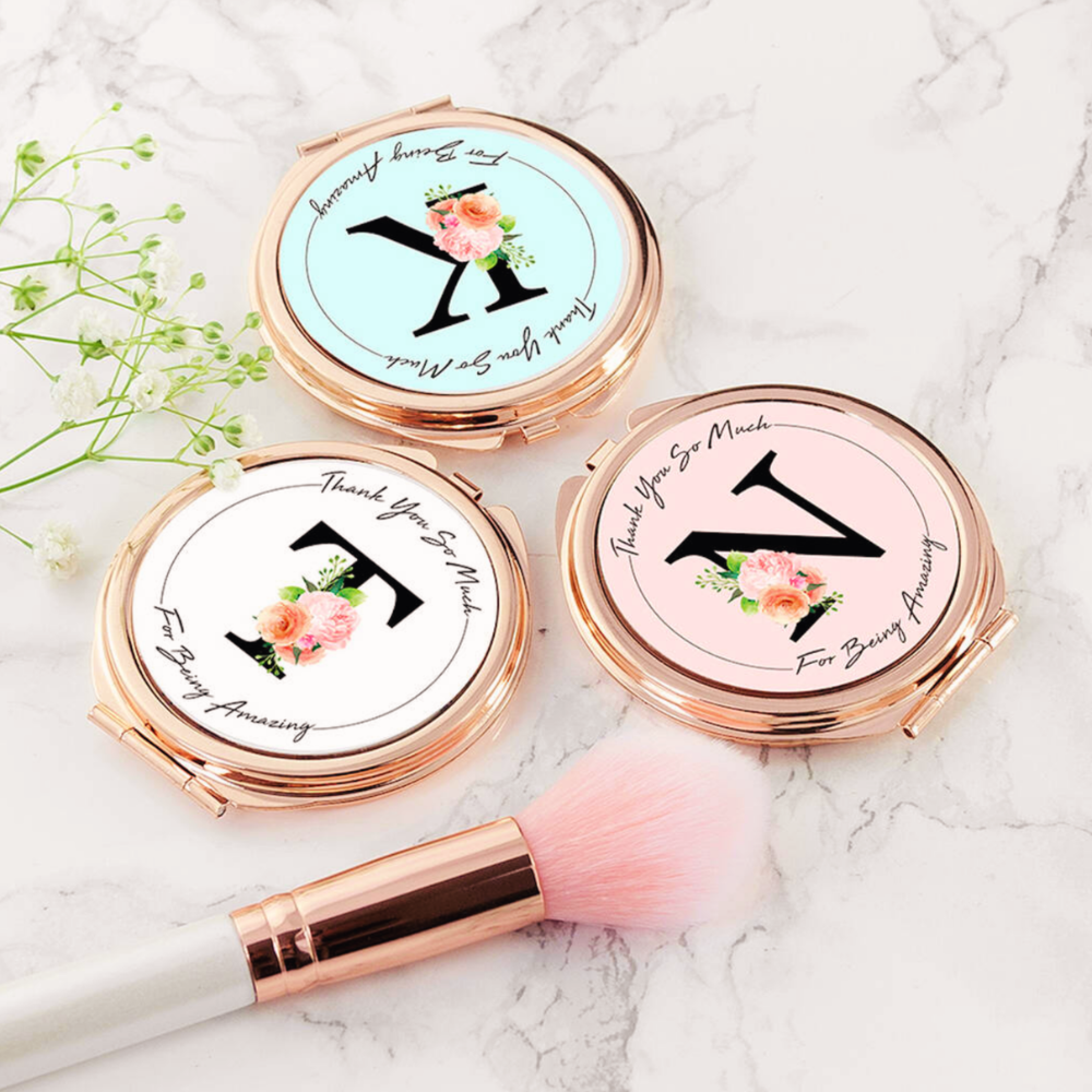 Personalised Floral Initial Rose Gold Compact Mirror