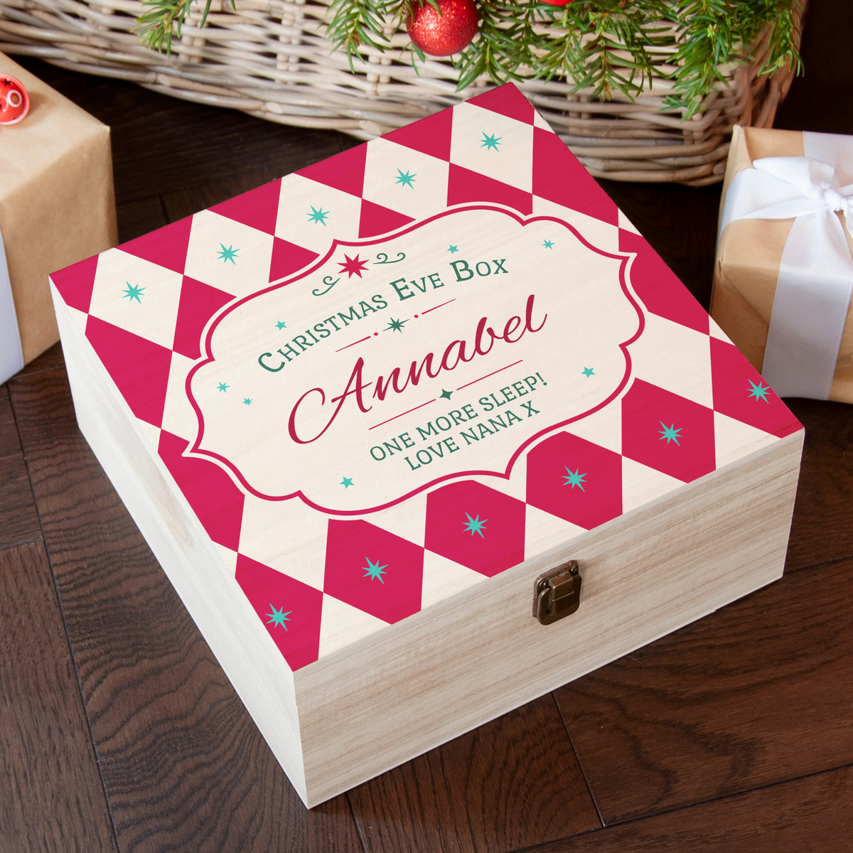 Personalised Harlequin Diamond Pattern Christmas Eve Box