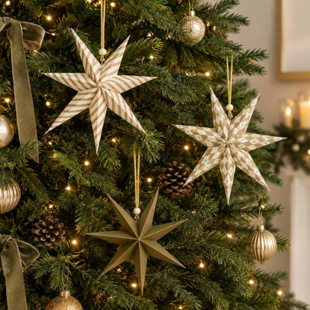 Set Of 3 Gilded Paper Star Christmas Decorations