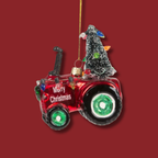 Red Tractor With Christmas Tree Glass Bauble