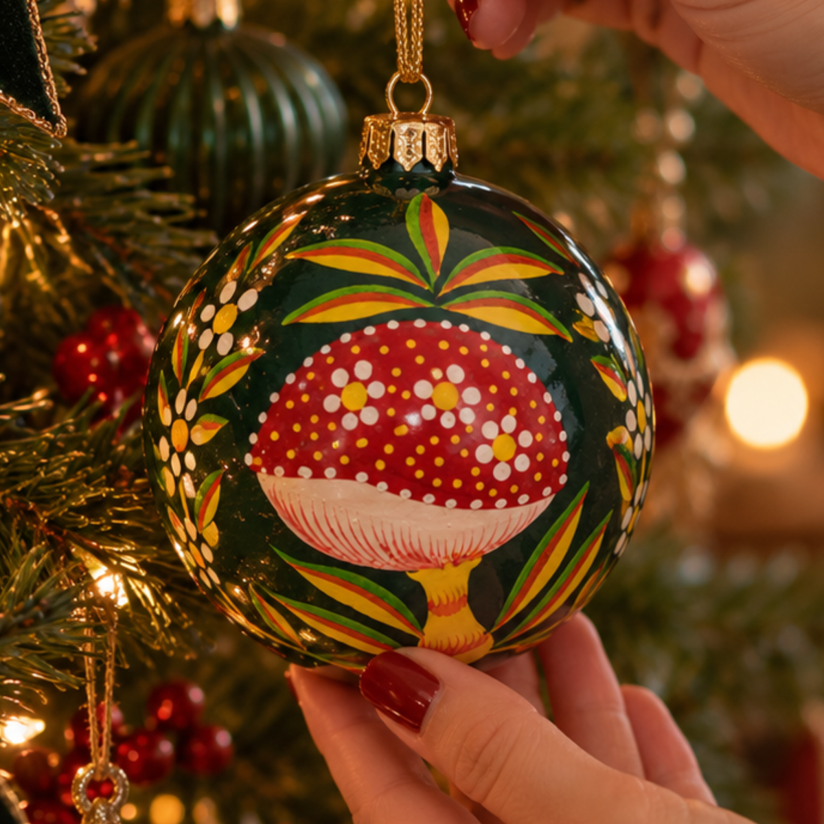 Hand Painted Mushroom Papier-Mâché Christmas Bauble