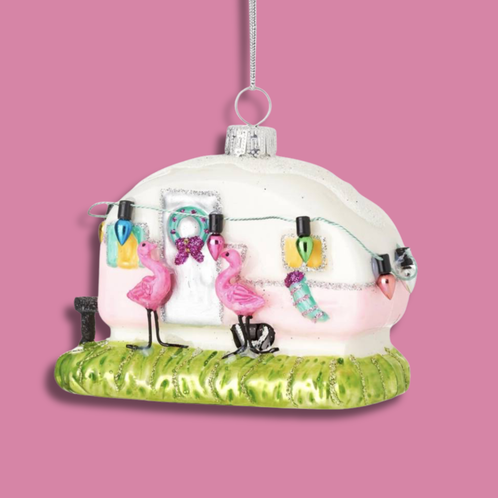 Pink Flamingo Caravan Glass Christmas Bauble