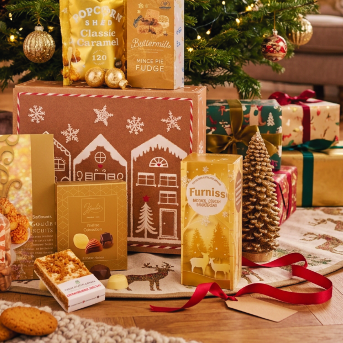 Gingerbread Christmas Gift Box Festive Biscuits Chocolate & Mince Pie Fudge Hamper