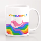 White mug with a colorful design of a pink whale and rainbow waves, featuring the word 'HOMOSEXWHALE' in rainbow letters.