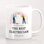 Mug with illustration of electricians and text 'This mug belongs to the best electrician in the universe!' on a white background.