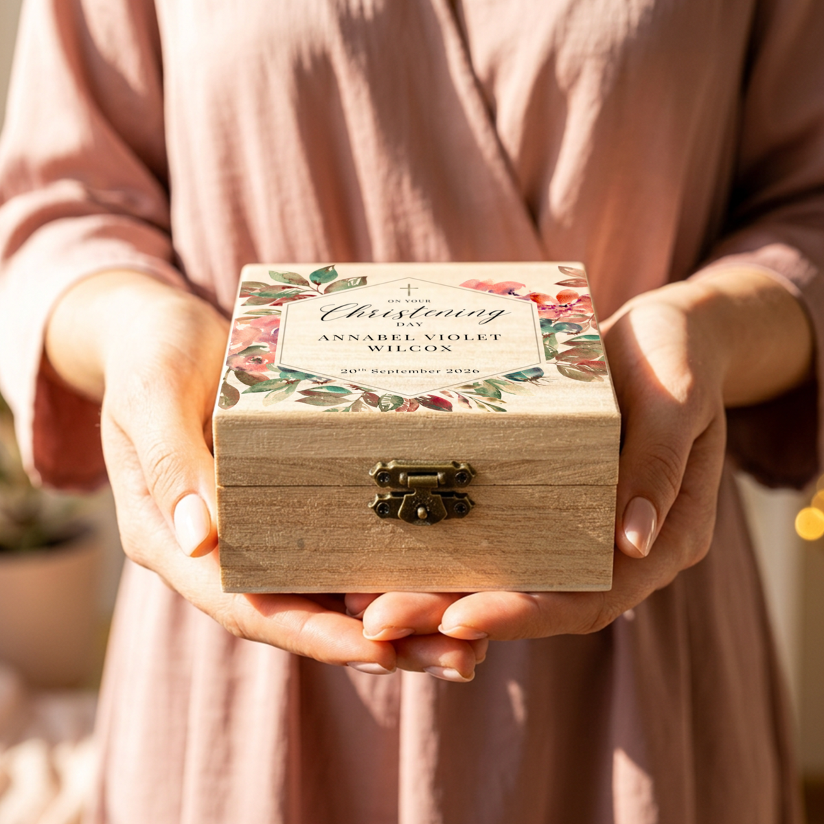 Personalised Floral Christening Keepsake Wooden Jewellery Box