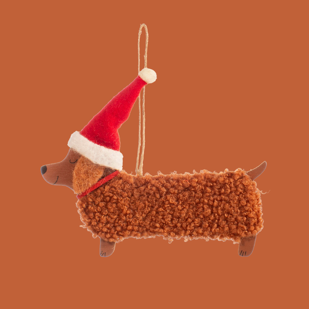 Festive Woolly Dachshund Hanging Decoration