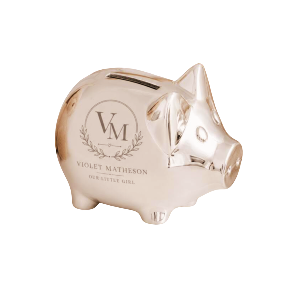 Personalised Monogram Silver Plated Piggy Bank