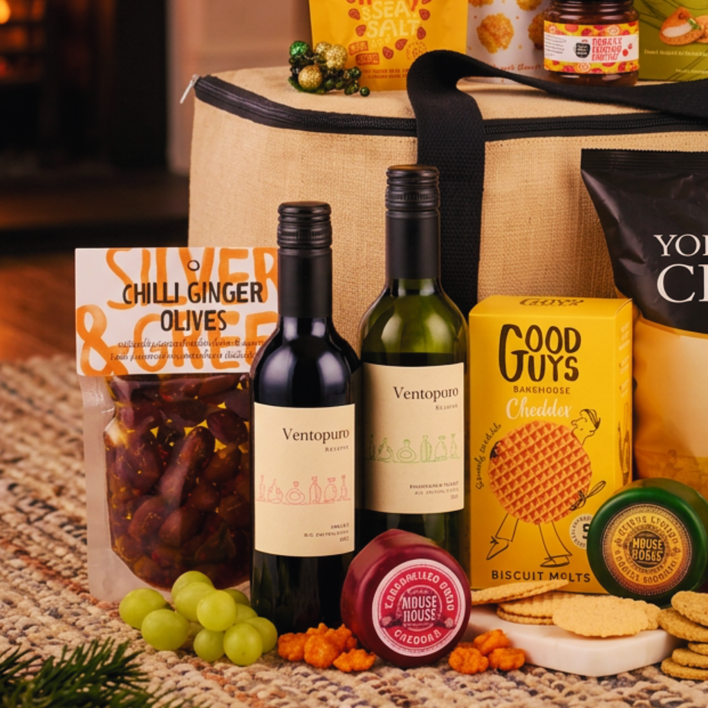 Luxury Wine & Cheese Gift Hamper Two Wines Artisan Cheddar & Gourmet Snacks