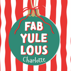 Green ornament with 'FAB YULE LOUS Charlotte' text on a red and white striped background
