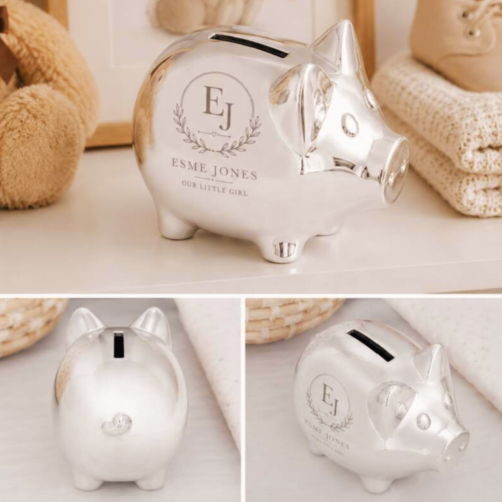 Personalised Monogram Silver Plated Piggy Bank