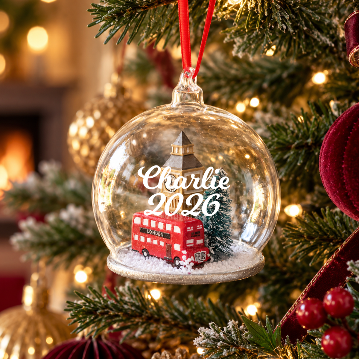 Personalised London Scene Glass Dome Christmas Bauble