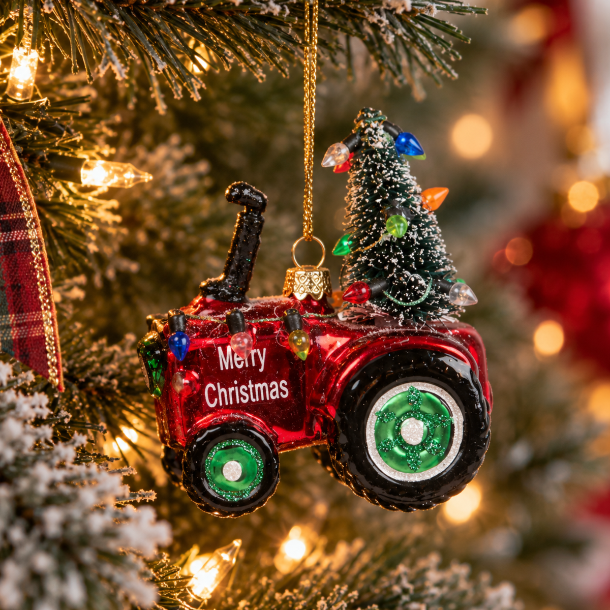 Red Tractor With Christmas Tree Glass Bauble