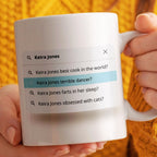 Person holding a mug with a humorous search bar graphic on it.