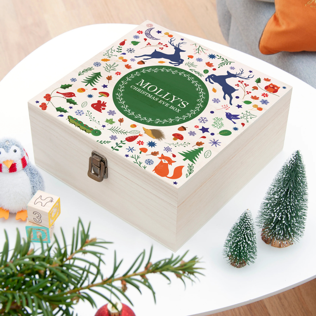 Personalised Festive Woodland Green Christmas Eve Box